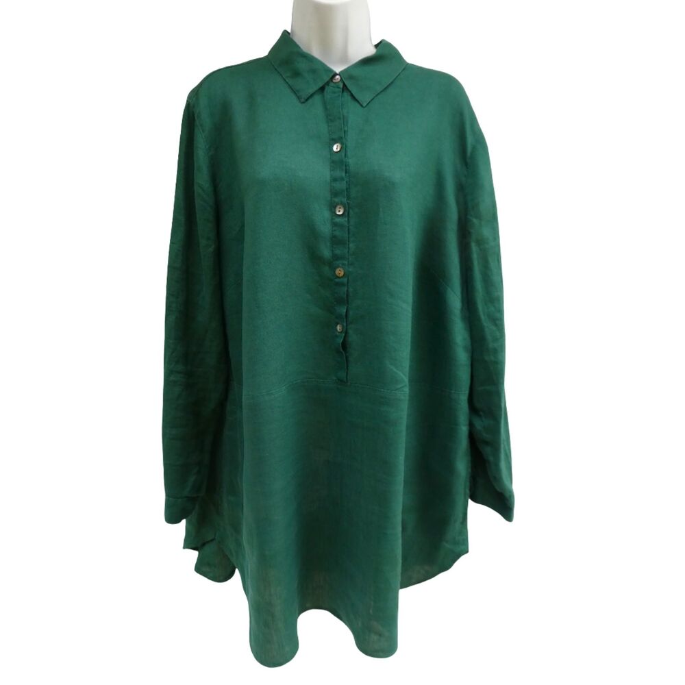 J Jill Love Linen Dark Green Tunic Top Half Shell Button Front Pockets Loose XL